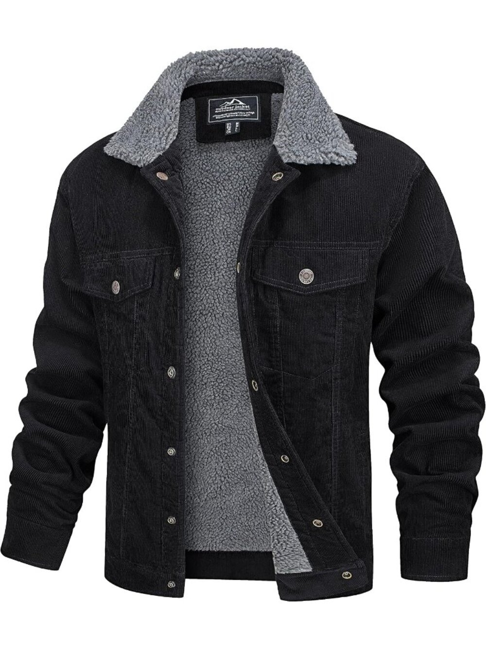 Men Black Corduroy Sherpa Jacket Winter Fleece Cotton Coat Warm Casual Outerwear